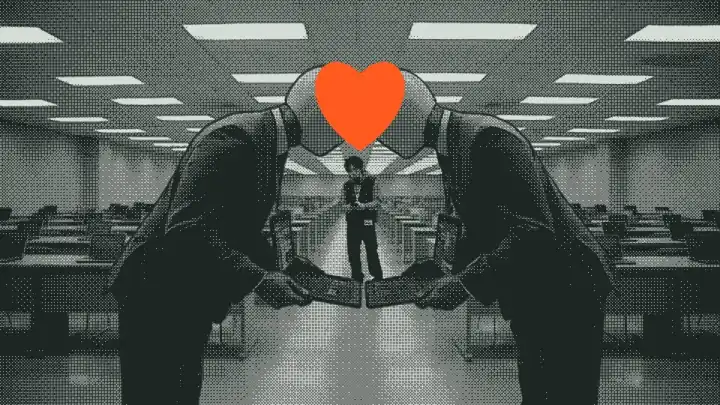 Still: two faceless agents in grey suits touch foreheads under an orange heart.