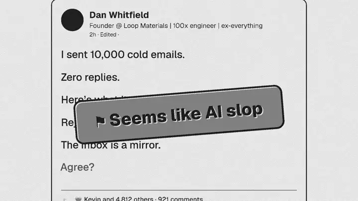 Still: a LinkedIn post, one line per sentence, flagged as AI slop.