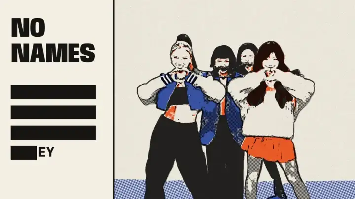 Still from the video: four singers make heart hands beside a list of blacked-out names.
